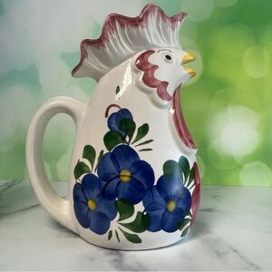 Vintage Italian Hand painted Rooster Pitcher Rivignano Ceramic 10”